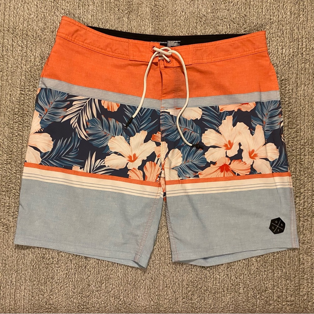 No Boundaries Orange and Blue Board Shorts with Tropical Print